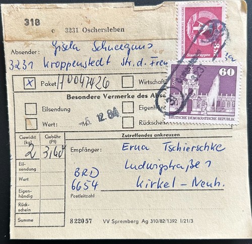 Ddr paketkarte oschersleben - paketkarte,