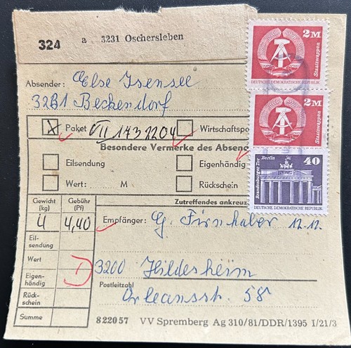 Ddr paketkarte oschersleben - ddr,