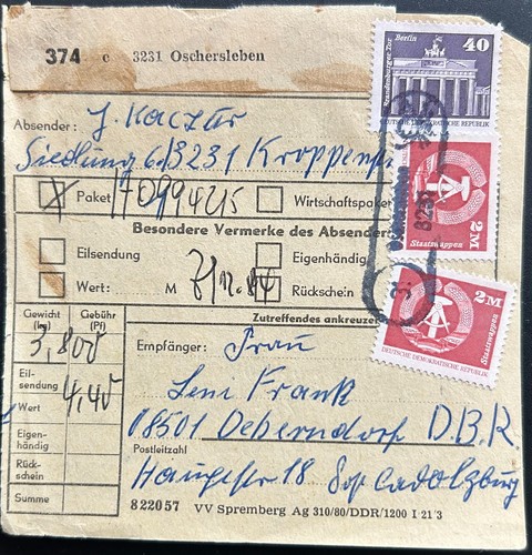 Ddr paketkarte oschersleben - paketkarte,