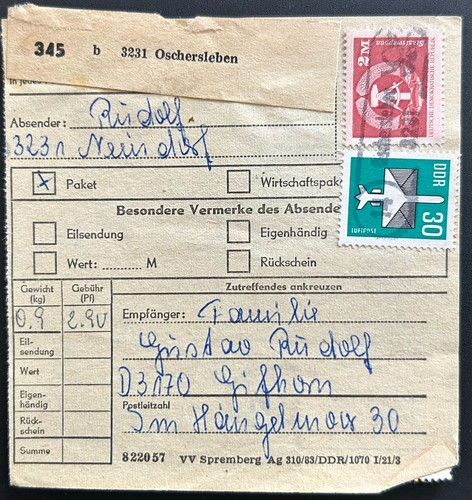 Ddr paketkarte oschersleben - paketkarte,