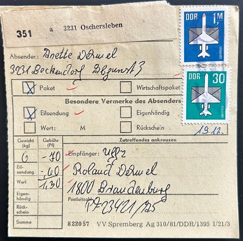 Ddr paketkarte oschersleben - paketkarte,