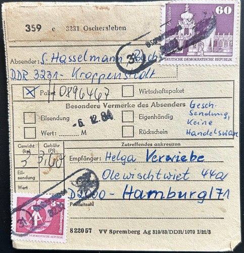 Ddr paketkarte oschersleben - ddr,