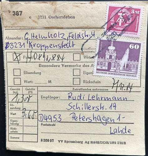 Ddr paketkarte oschersleben - ddr,