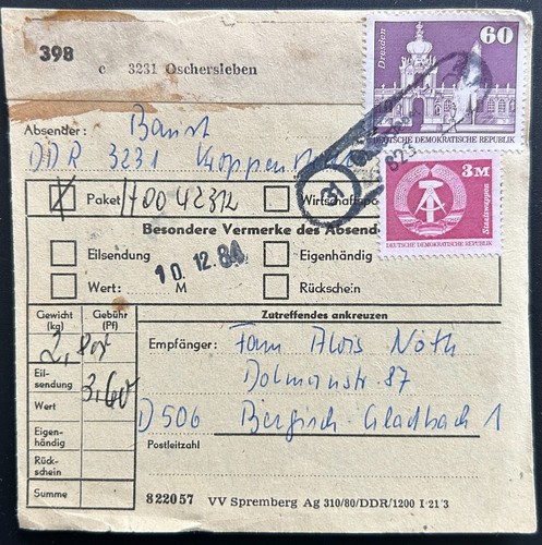 Ddr paketkarte oschersleben - ddr,