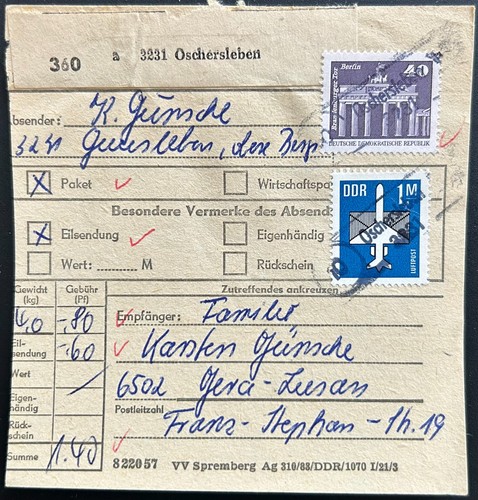 Ddr paketkarte oschersleben - ddr,