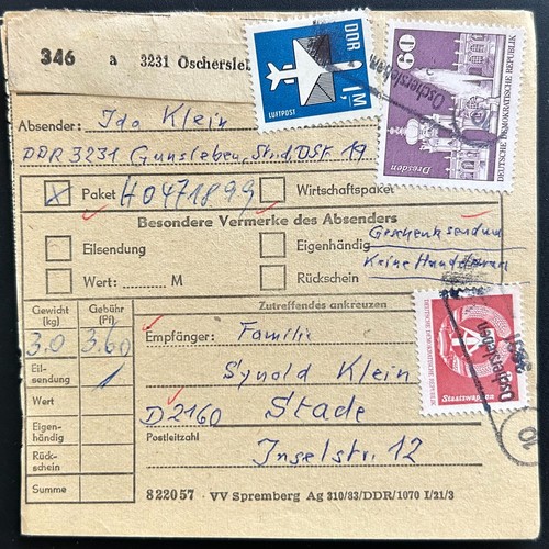 Ddr paketkarte oschersleben - ddr,