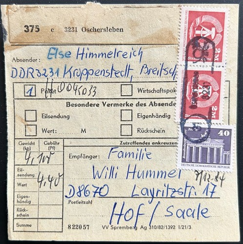 Ddr paketkarte oschersleben - ddr,