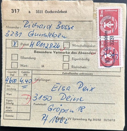 Ddr paketkarte oschersleben - paketkarte,