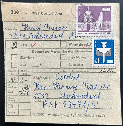 Ddr paketkarte oschersleben - ddr,