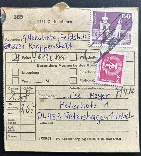 Ddr paketkarte oschersleben - ddr,