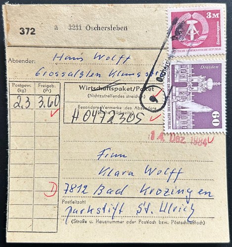 Ddr paketkarte oschersleben - paketkarte,