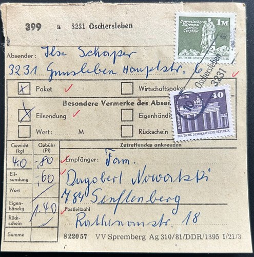 Ddr paketkarte oschersleben - paketkarte,