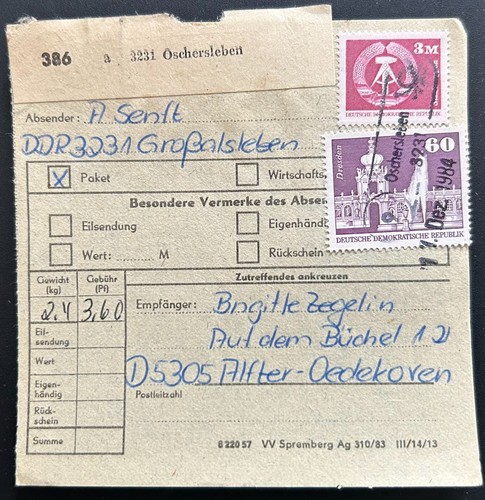 Ddr paketkarte oschersleben - ddr,