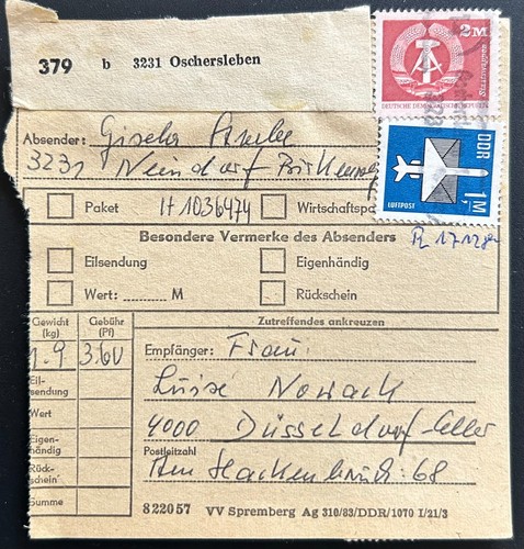 Ddr paketkarte oschersleben - paketkarte,