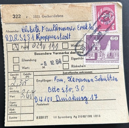 Ddr paketkarte oschersleben - ddr,