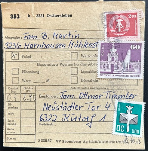 Ddr paketkarte oschersleben - ddr,