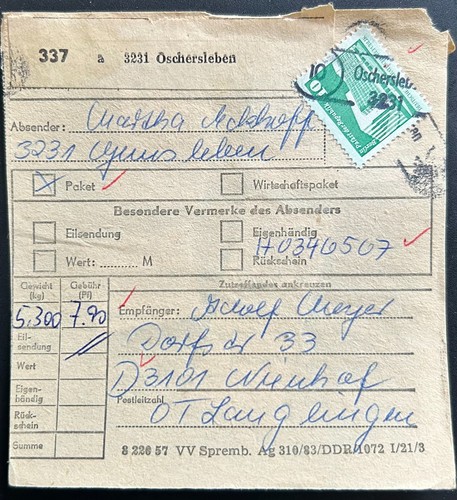 Ddr paketkarte oschersleben - ddr,