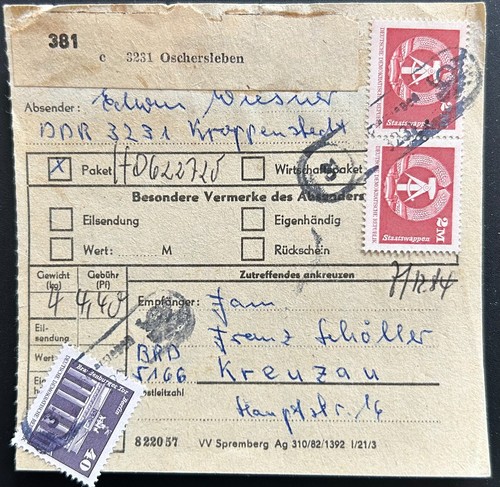 Ddr paketkarte oschersleben - ddr,