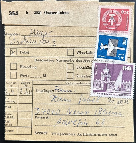 Ddr paketkarte oschersleben - ddr,