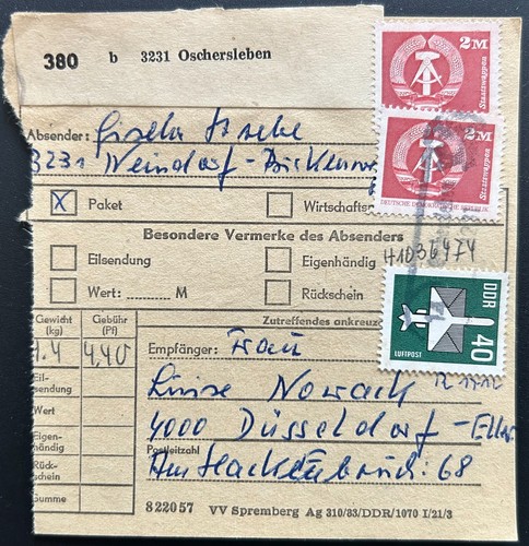 Ddr paketkarte oschersleben - ddr,