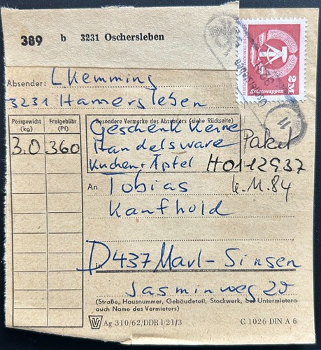 Ddr paketkarte oschersleben - ddr,