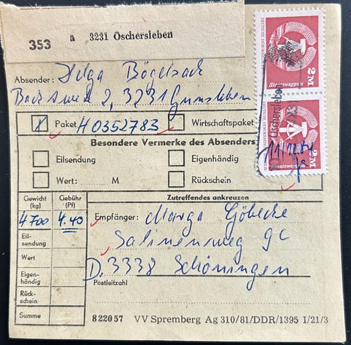 Ddr paketkarte oschersleben - paketkarte,