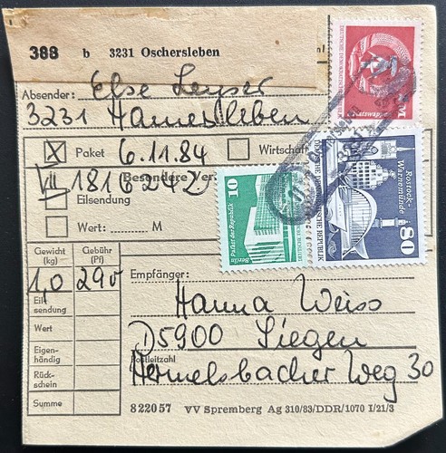 Ddr paketkarte oschersleben - ddr,