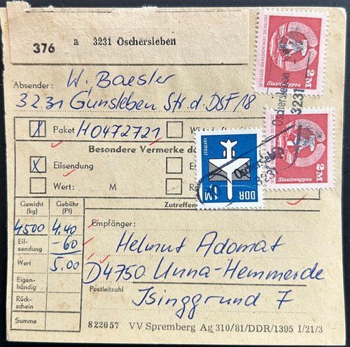 Ddr paketkarte oschersleben - ddr,