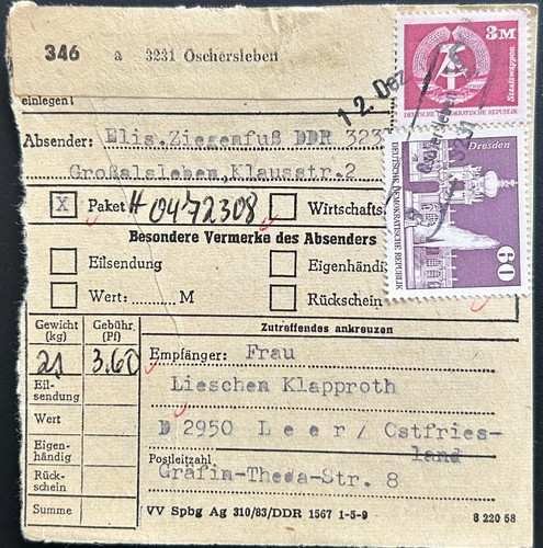 Ddr paketkarte oschersleben - ddr,